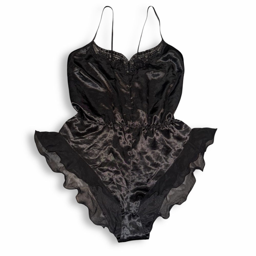 Vintage Romantic Night Black Satin Lace Chiffon Trim Romper Fits Large